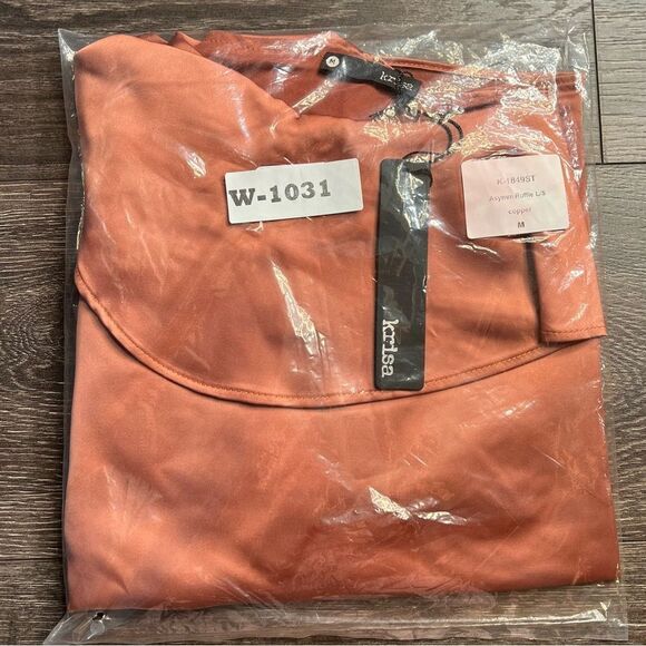 REVOLVE Krisa Asymmetrical Ruffle L/S Satin Style Blouse in Copper. Medium. NWT! - Picture 10 of 15